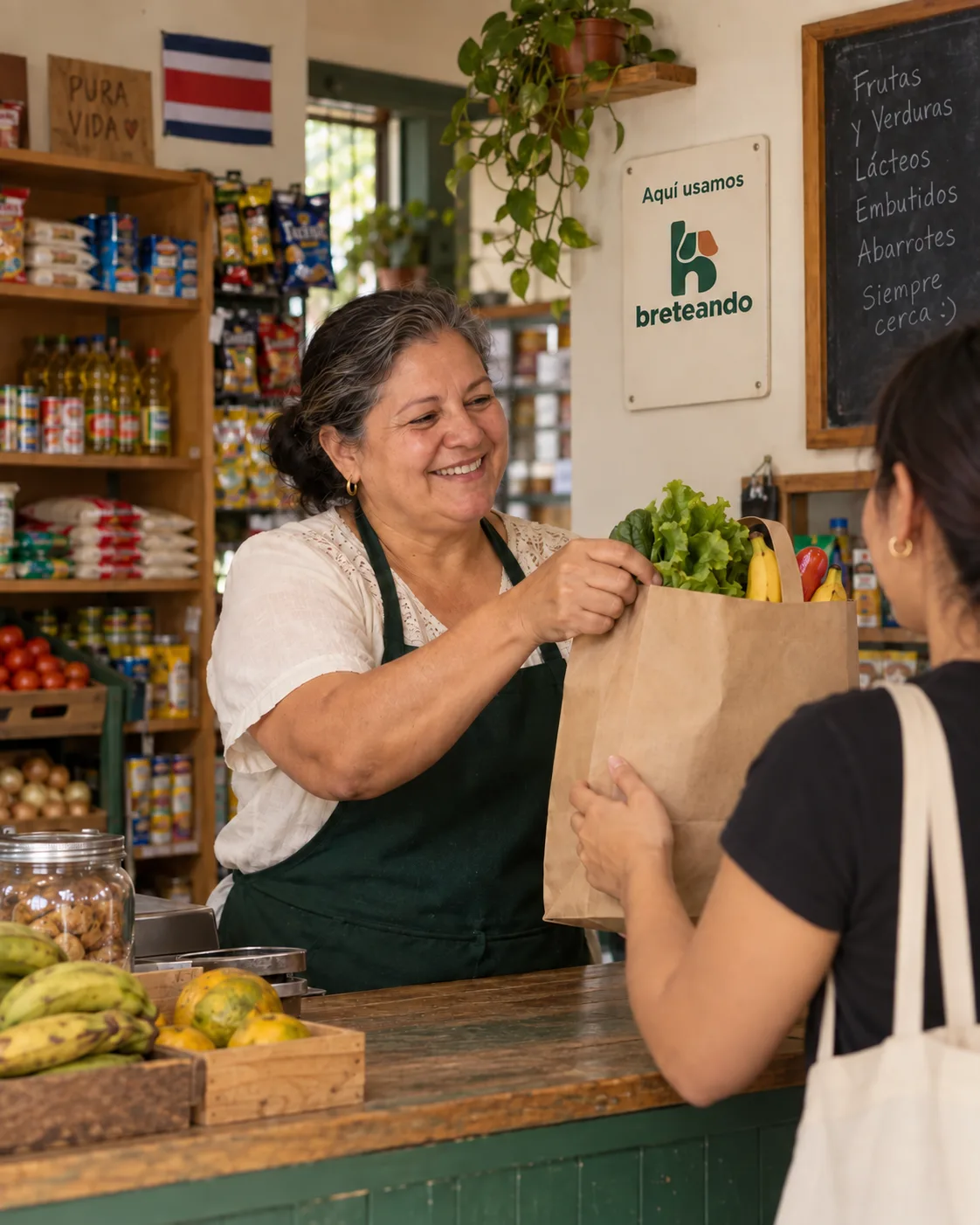 Comerciante entregando una compra a un cliente en una tienda de barrio