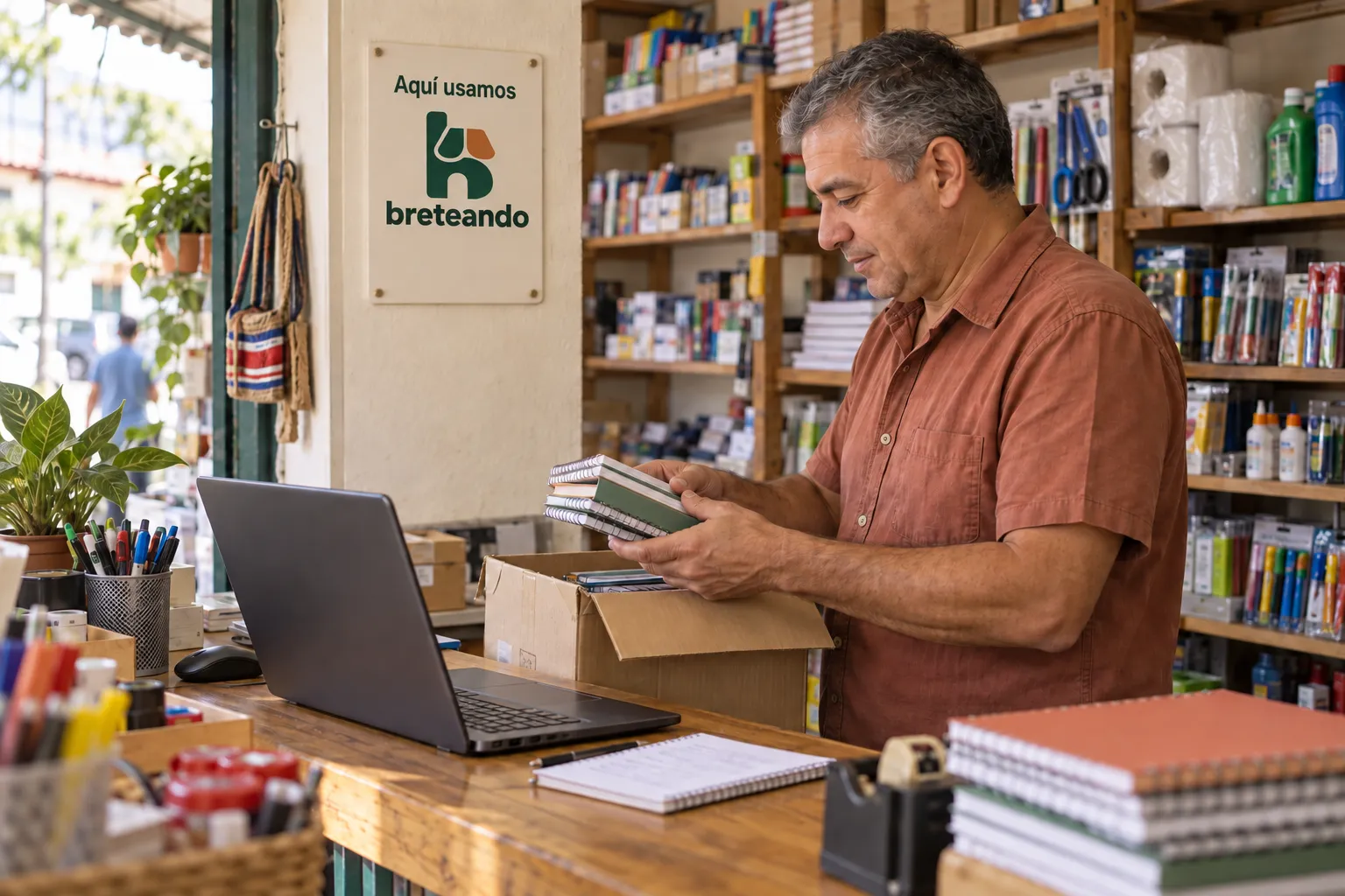 Dueño de un comercio organizando artículos junto a su cuaderno y computadora