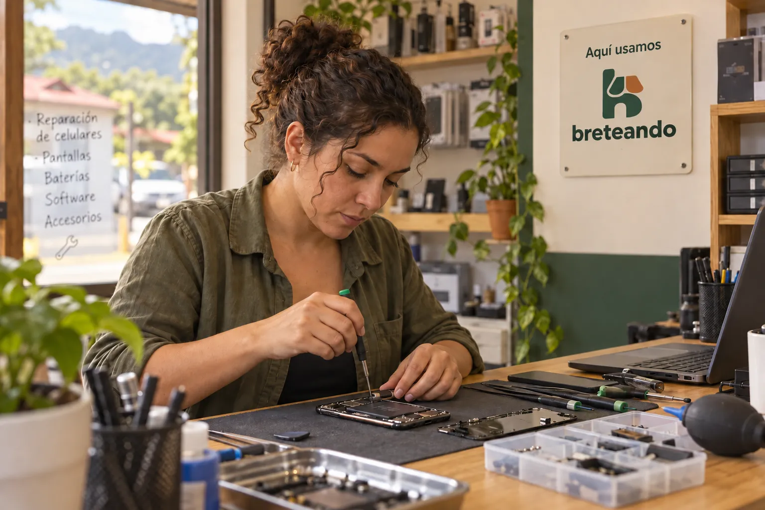 Técnica reparando un celular en la mesa de trabajo de su taller